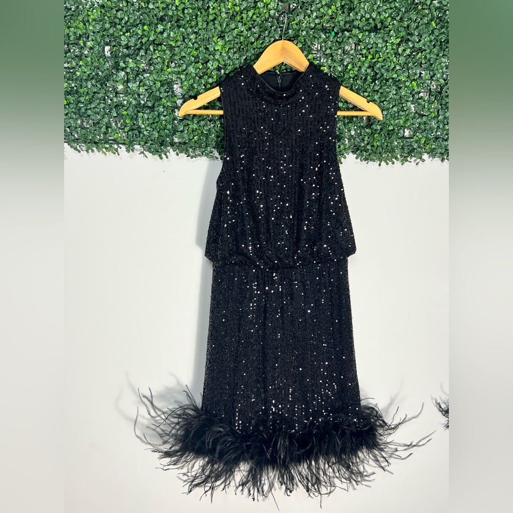 Eliza J Black Sequined Mini Cocktail Party Feather Bottom Dress Size 4 - Picture 4 of 14